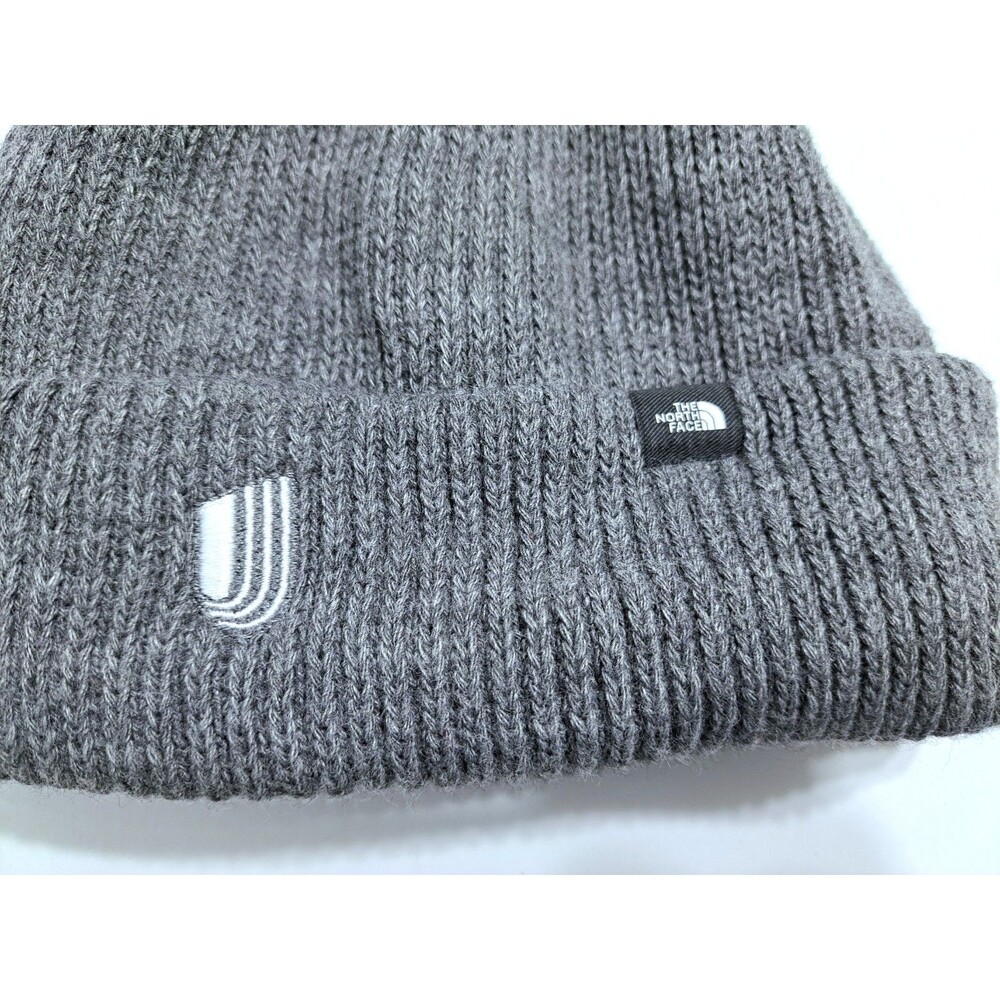 North Face Beanie Hat One Size Gray Ribbed Cuff Knit Warm Ski Cap Fleece Lined - Picture 2 of 6